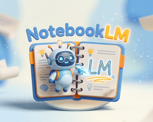 Robot mascot pointing at NotebookLM text on an open digital notebook