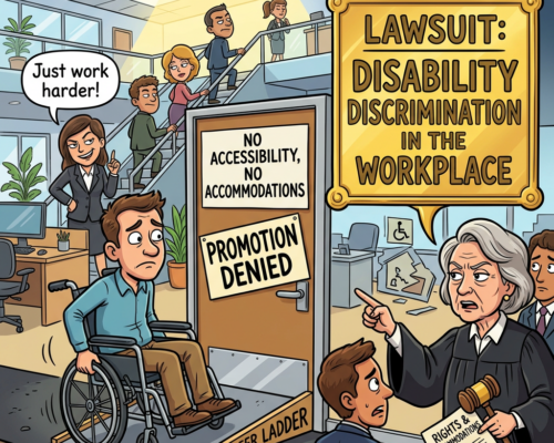 Man in wheelchair denied promotion due to lack of accessibility, with judge discussing disability discrimination lawsuit