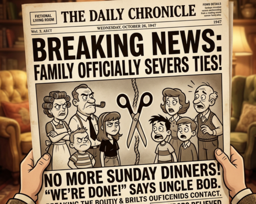 Newspaper headline about family severing ties with upset family members illustration