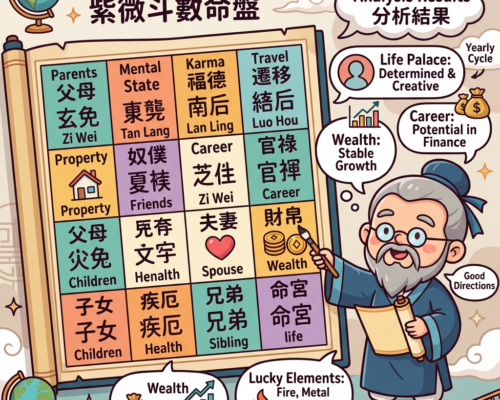 Zi Wei Dou Shu birth chart grid with astrological labels and analysis results