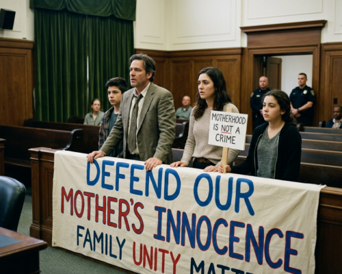 Family in courtroom holding banner that reads 'Defend our mother's innocence Family unity matters' and a sign saying 'Motherhood is not a crime'