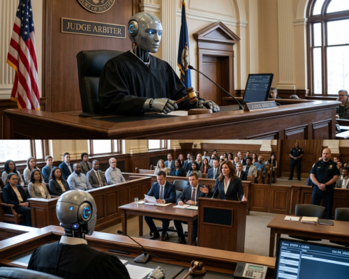 Robot judge presiding over courtroom with lawyers and audience