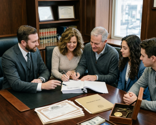 A family signing property deeds and legal documents with a lawyer in an office