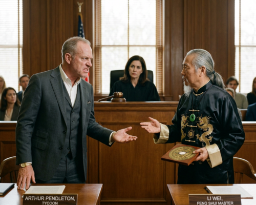A man in a gray suit arguing with a man in traditional black Chinese clothing holding a Feng Shui compass in a courtroom