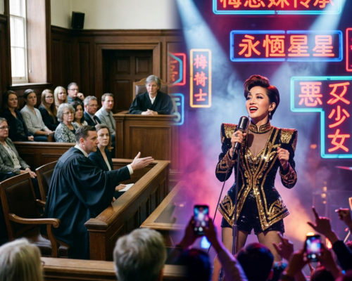 Split image with a courtroom scene on the left and a singer performing on stage with neon signs on the right