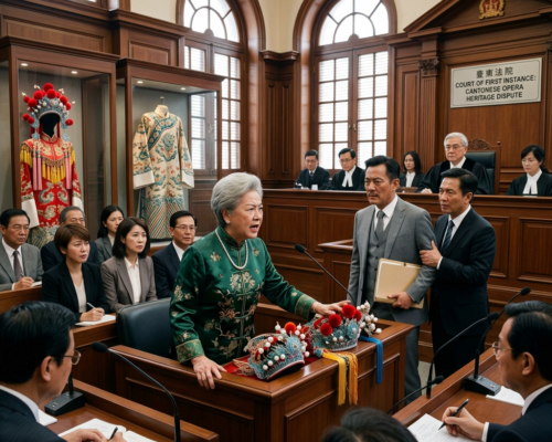 Elderly woman arguing in court with traditional Cantonese opera headpieces on the desk