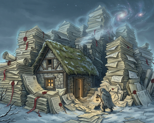 Small stone cottage with thatched roof surrounded by huge stacks of papers and scrolls in snowy landscape