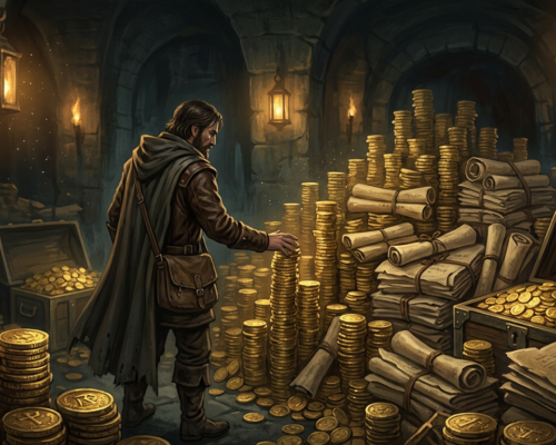 Person facing stacked bills in dim room