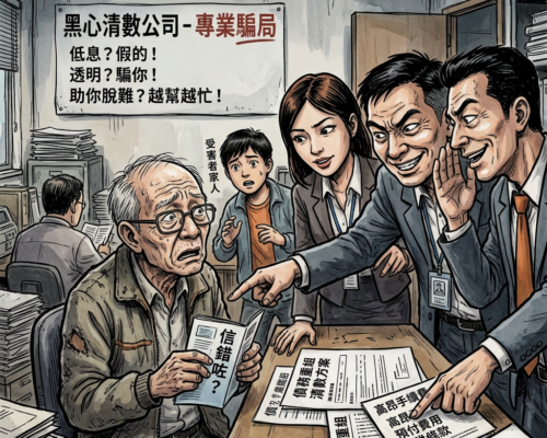 Elderly man anxiously holding papers confronted by three debt collectors in an office with a worried young bystander