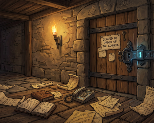 Wooden door sealed by order of the council with glowing lock and scattered ancient scrolls and books