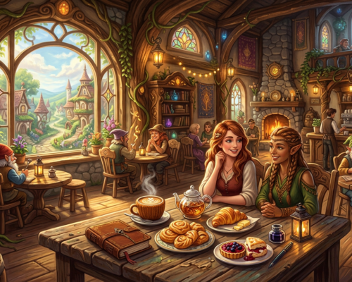 Two women sharing tea and pastries in a fantasy café with warm lighting and fantasy creatures