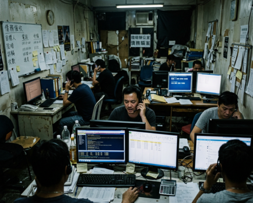 Debt collection office with men on phones using computers and desks filled with documents