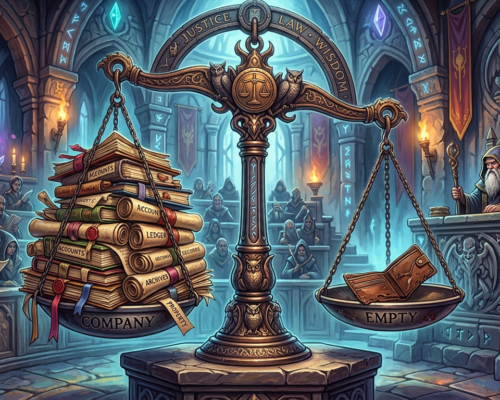 A balance scale in a mystical courtroom weighs stacks of company documents against an empty side.