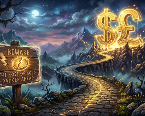 Wooden sign reading 'Beware the cost of gold danger ahead' on a mountain path to glowing dollar and pound symbols