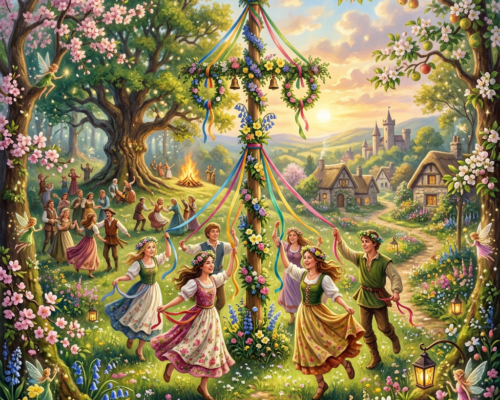 Villagers dancing around a flower-decorated maypole in a spring meadow