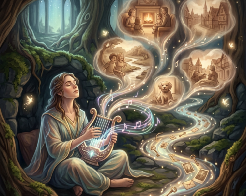Woman playing harp as musical notes reveal glowing memories in a forest