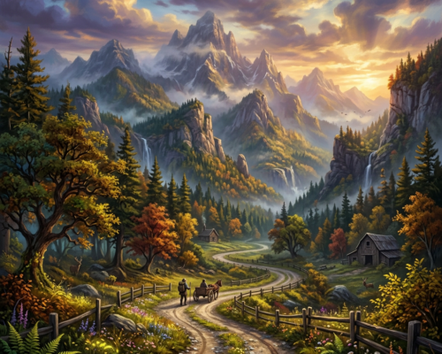 Winding road through a forested mountain valley with waterfalls