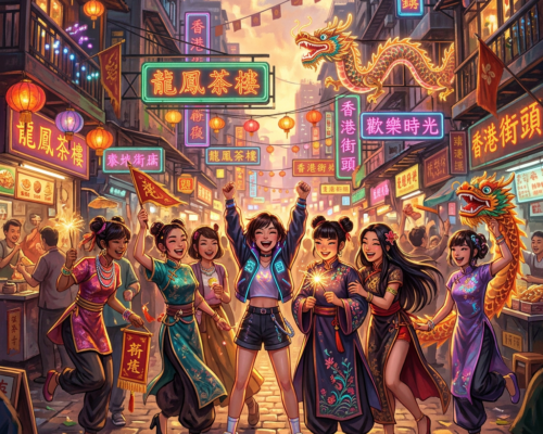 Six women celebrate in a lantern-lit Hong Kong street with dragon decorations and Chinese signs.