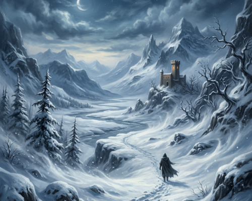 Lone cloaked traveler crossing a snowy valley toward a mountain castle